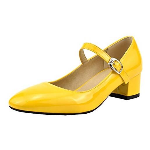 LUXMAX mary jane basse donna decolte tacco basso scarpe tacco blocco in vernice decollete cinturino fibbia (giallo) - 40 eu