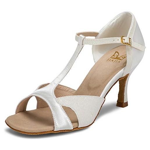 JIAJIA 2055 sandali da donna con tacco svasato super raso con glitter scintillanti scarpe da ballo latino, avorio, 39 eu