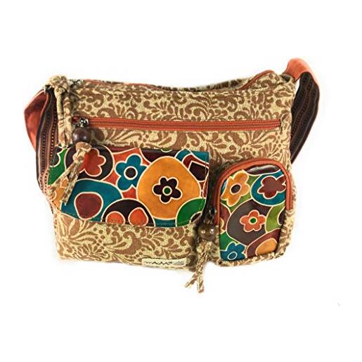 Macha borsa a tracolla da donna in cotone e pelle con inserti in pelle con stampe colorate, borsa a mano in cotone e pelle indiana etnica, marrone