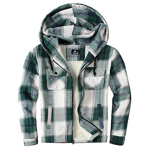 zitysport camicia giacca uomo plaid foderato giacca invernale camicia termica con cerniera giacca in pile con cappuccio(e-01-bianco verde, 3xl)