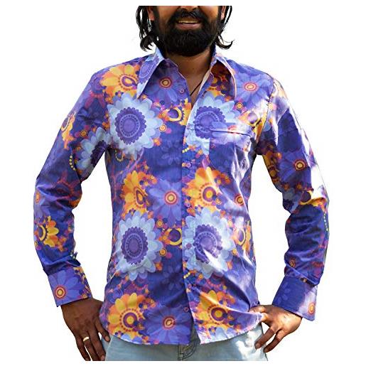 Comycom camicia floreale anni '70 flower power floreale viola colorata - camicia da uomo retrò con motivo floreale per le feste degli anni '70 o come camicia colorata da discoteca, viola. , l