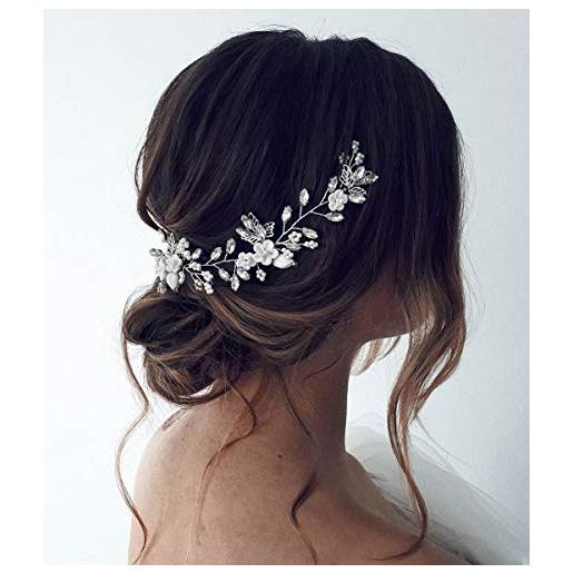 Unicra - cerchietto per capelli da sposa con fiore in argento, accessorio per capelli da sposa per donne e ragazze