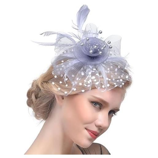 Fashband fascinator hat mesh feather flower fascia clip dot cocktail headwear wedding tea party per donne e ragazze(grigio)