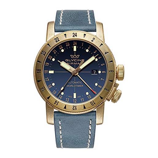 Glycine - orologio da uomo gl0167 airman, bronzo, automatico, 44 mm, cinturino in pelle blu