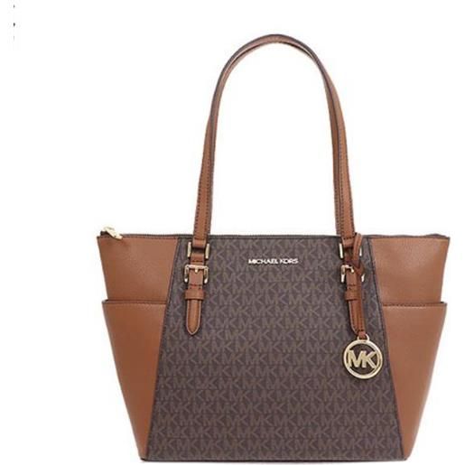 Michael Kors charlotte signature leather large top zip tote handbag bag (brown)