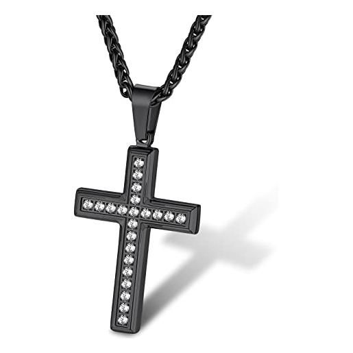 Supcare collana croce donna con zircone bianco, nero collana donna acciao, 55+5 cm regolabile catena collana con ciondolo croce