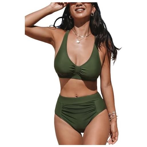 CUPSHE bikini da donna set costume da bagno a due pezzi con scollo a v e nodo frontale costumi da bagno a vita alta con fondo arricci, verde militare, 22 plus