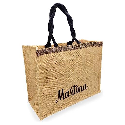 Caribu design borsa in juta personalizzata con nome iniziali testo, tote bag shopper donna ragazza 42x33x19 cm per spiaggia mare shopping passamaneria nero oro