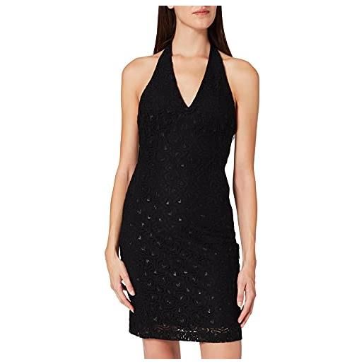Love Moschino fitted tube dress in heart pattern cotton/lurex lace, with deep v-neck, invisible side zipper and open back. Abito casual, nero/cuor. Lurex, 46 donna
