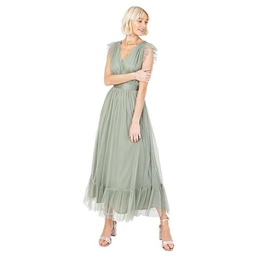 Anaya with Love ladies maxi dress for women v neckline sleeveless frilly for wedding guest bridesmaid prom long high empire waist tiered, vestito donna, frosted green, 