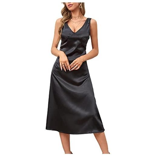 Shienfir abito abito a-line senza maniche confortevole donna finta seta banchetto abito lungo partito abbigliamento nero xl