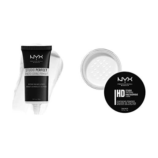 Nyx professional makeup studio perfect primer - base per makeup, incarnato uniforme & finishing powder studio, cipria trasparente opacizzante in polvere libera