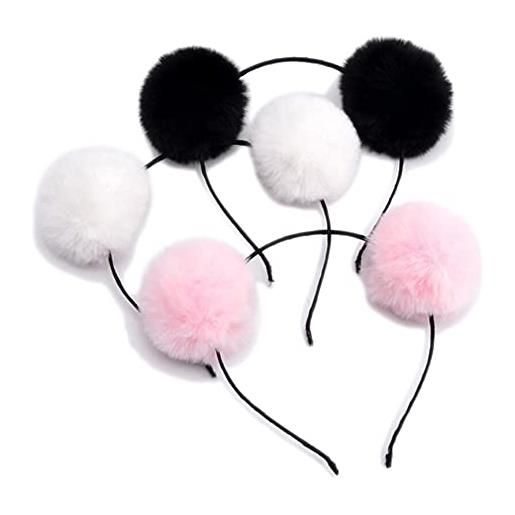 QUUPY 3 cerchietti per capelli con pompon in peluche, accessori per capelli, per feste di compleanno, halloween, natale (nero, bianco, rosa)