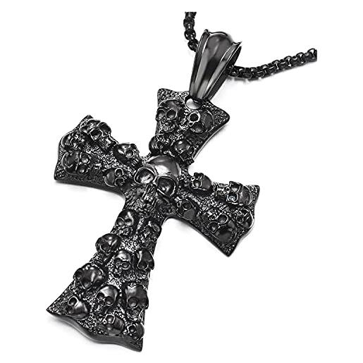 COOLSTEELANDBEYOND grande gotico nero cranio croce ciondolo, collana con pendente teschio da uomo, acciaio, catena grano 75cm