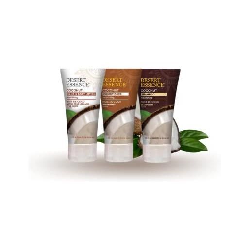 Desert Essence - shampoo, balsamo e lozione per mani e corpo al cocco - formato da viaggio - pack trio - 3 x 44ml