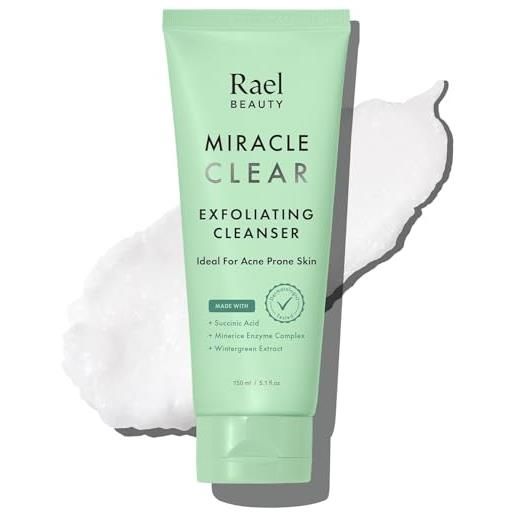 Rael miracle clear detergente viso esfoliante - skincare coreana, anti-brufoli, pelle sensibile grassa e con tendenza acneica, pulizia dei pori & idratante, acido succinico (150ml)