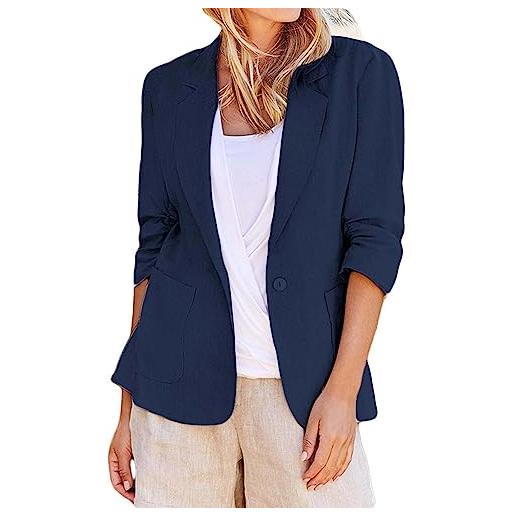 Xmiral giacche da abito in lino giacca da ufficio da lavoro leggera con maniche arricciate elastiche a 3/4 da donna con tasche clip stringi vestiti (dark blue, xl)