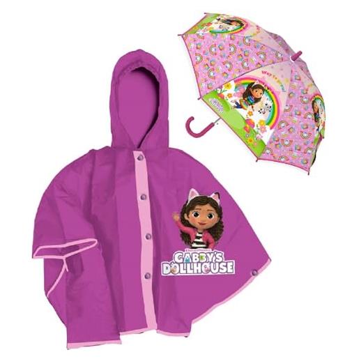 CARTOON set mantellina pioggia e ombrello gabby's dollhouse impermeabile in pvc ombrello manuale per bambini