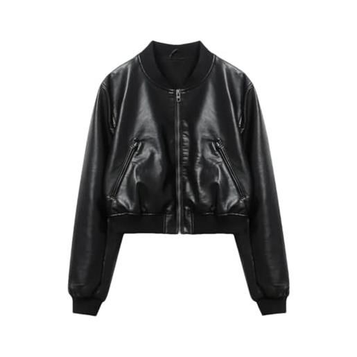 Tdvcpmkk bomber da donna in finta pelle stile retrò, nero, large