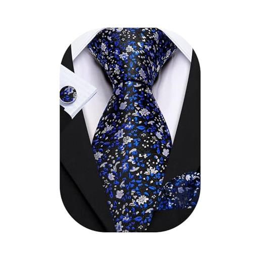 Barry.Wang - cravatte da uomo, in seta, con fazzoletto, gemello, matrimonio blu scuro-5035. Taglia unica