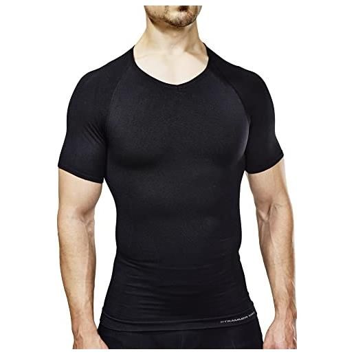 STRAMMERMAX Performance® maglietta a compressione, da uomo, con scollo a v, shapewear, supporta la postura, nero , medium-large