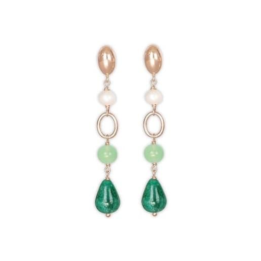 ECLETTIKA, orecchino in argento 925 - placcato oro rosa con chiusura a perno/farfallina, perle e pietre naturali - perla bianca di fiume - giada verde menta - giada verde smeraldo