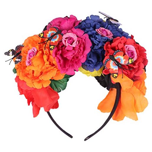 Beaupretty fasce per capelli rosa messicane di halloween con farfalla di fiori in plastica accessorio copricapo decorativo per oggetti di scena bomboniere costume in maschera