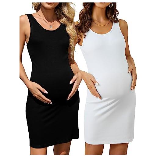 Brynmama 2 pezzi donna maternità canotta abiti casual senza maniche bodycon gravidanza abito corto, nero/bianco. , m