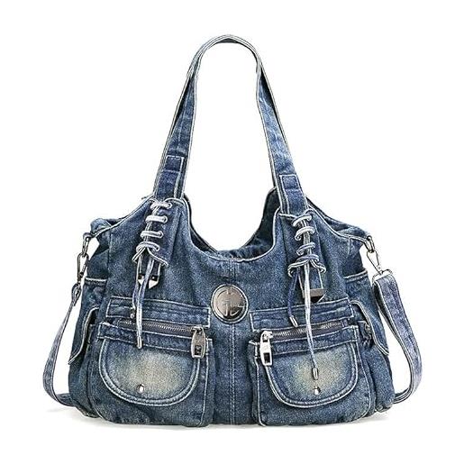 Alice Fan borsa da donna in denim hobo bag jean bag grande capacità casual tasche multiple borsa a tracolla, blu