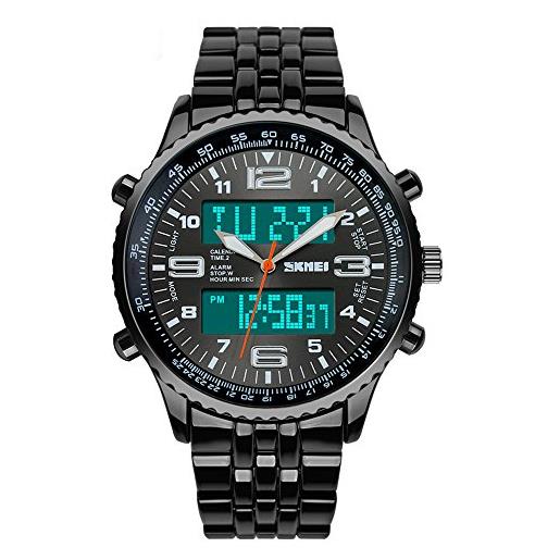 SKMEI orologio da polso analogico digitale da uomo, con cinturino in acciaio nero, con sveglia, cronografo, nero