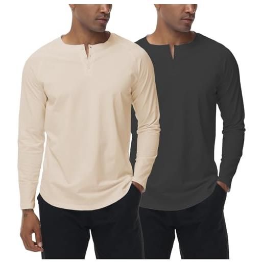 XYKJFIT henry - confezione da 2 magliette da uomo a maniche lunghe, slim fit, casual, alla moda, in cotone, nero+albicocca, l
