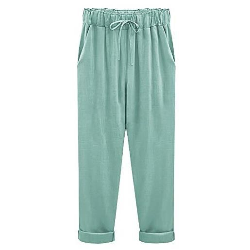 ZumZup - pantaloni da donna casual in cotone e lino, con elastico in vita e affusolato, alla caviglia, con tasche verde s