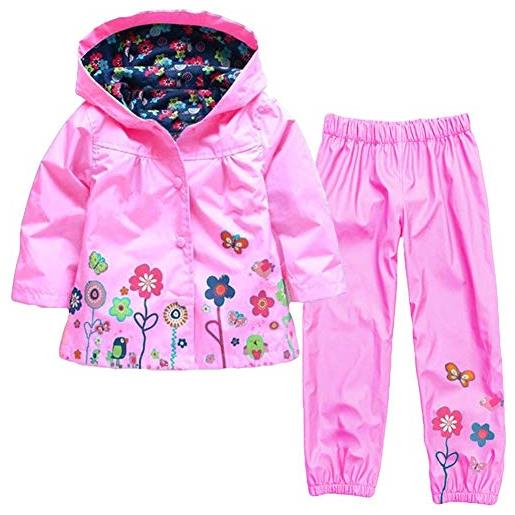 Baotung set di 2 vestiti per bambini e bambine, impermeabile, con cappuccio e motivo floreale + pantaloni antipioggia colore: rosa. 104 cm-110 cm