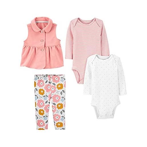 Simple Joys by Carter's 4-piece bodysuit and vest set gilet di moda, bianco pois/rosa/floreale/righe, 12 mesi (pacco da 4) bimba