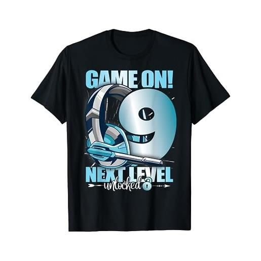Funny 9th birthday motifs for gamers and level slocked 9 anni ragazzo ragazza gaming maglietta