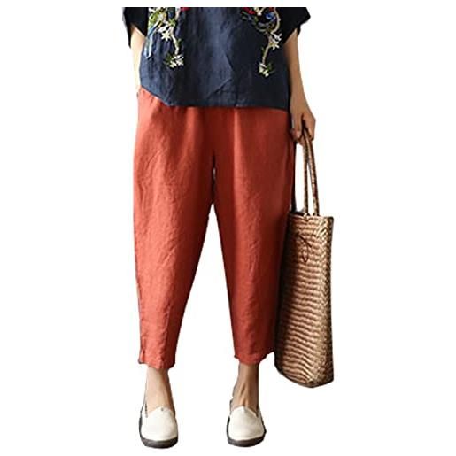 Saklifuo pantaloni corti in lino da donna con gamba affusolata alla caviglia pantaloni capris elastico in vita, arancione, m