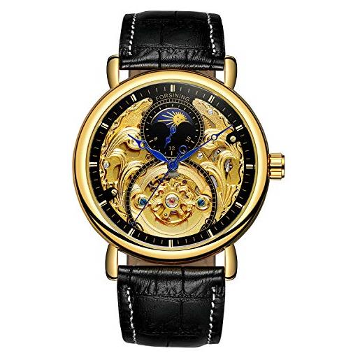 Forsining, orologio analogico da uomo, automatico, vintage, am/pm, quadrante con scheletro e luna, cinturino in pelle (oro nero)