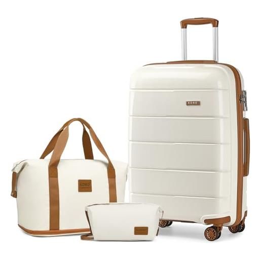 Kono set di 3 valigie da viaggio da 55 x 40 x 20 cm, bagaglio a mano con borsa da viaggio e borsa da toeletta, in polipropilene leggero, trolley da viaggio con serratura tsa sicura, crema, luggage set