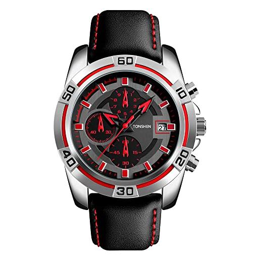 TONSHEN fashion orologi da polso da uomo calendario cronometro acciaio inossidabile cassa e pelle casual analogico quarzo orologio (rosso)