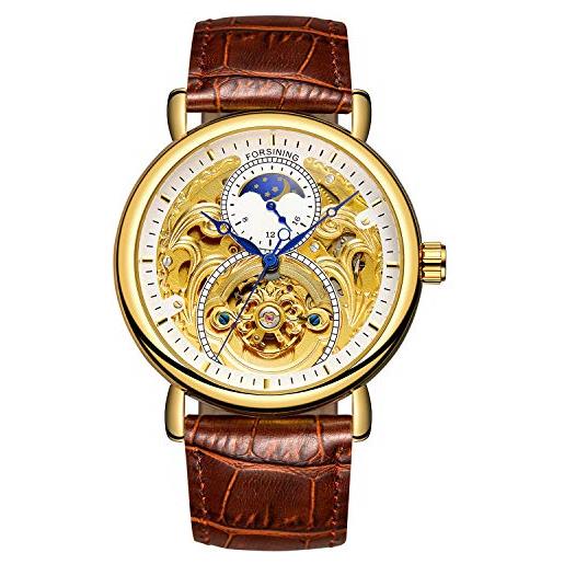 Forsining, orologio analogico da uomo, automatico, vintage, am/pm, quadrante con scheletro e luna, cinturino in pelle (oro bianco)