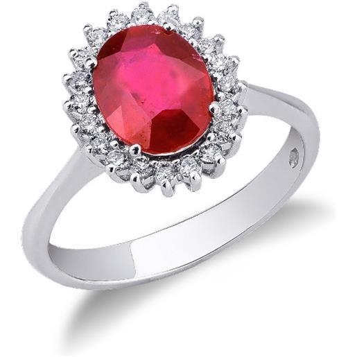 Gioielli di Valenza anello in oro bianco 18k con contorno in diamanti e rubino