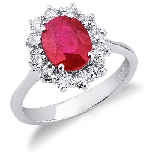 Gioielli di Valenza anello in oro bianco 18k con contorno in diamanti e rubino centrale