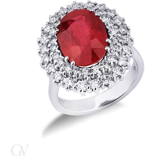 Gioielli di Valenza anello in oro bianco 18k con doppio contorno in diamanti e rubino centrale. 