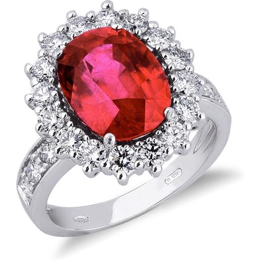 Gioielli di Valenza anello modello a contorno in oro bianco 18k con rubino centrale e diamanti. 