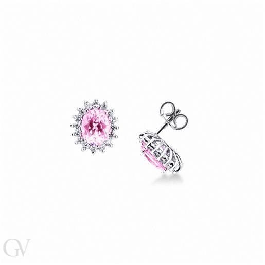 Gioielli di Valenza orecchini contorno in oro bianco 18k con zaffiro rosa ovale e diamanti