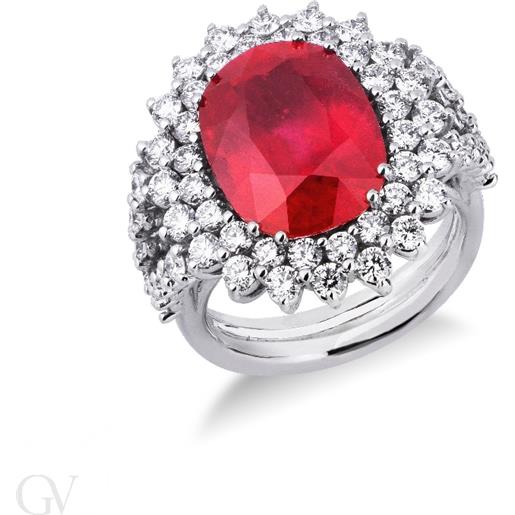 Gioielli di Valenza anello modello a contorno in oro bianco 18k diamanti e rubino. 