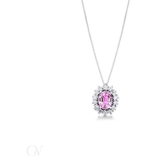 Gioielli di Valenza collana in oro bianco 18k e ciondolo con zaffiro rosa e diamanti