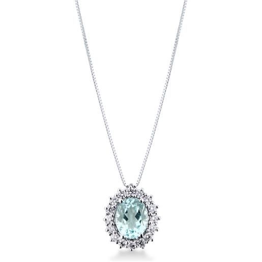 Gioielli di Valenza collana in oro bianco 18k e ciondolo con acquamarina ovale e diamanti a contorno