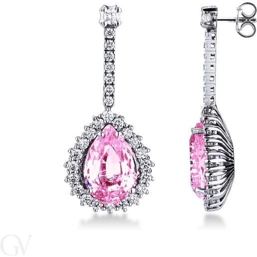 Gioielli di Valenza orecchini in oro bianco 18k con zaffiri rosa a goccia e diamanti a contorno e sul raccordo