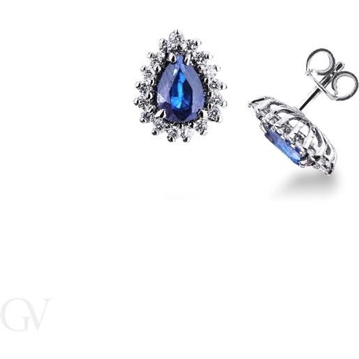 Gioielli di Valenza orecchini in oro bianco 18k con diamanti e zaffiri blu taglio goccia